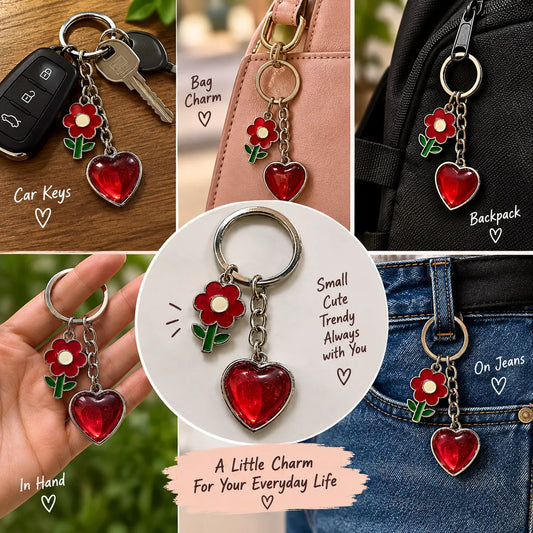 Romantic Heart & Flower Metal Keychain – Red Heart Love Charm Keyring