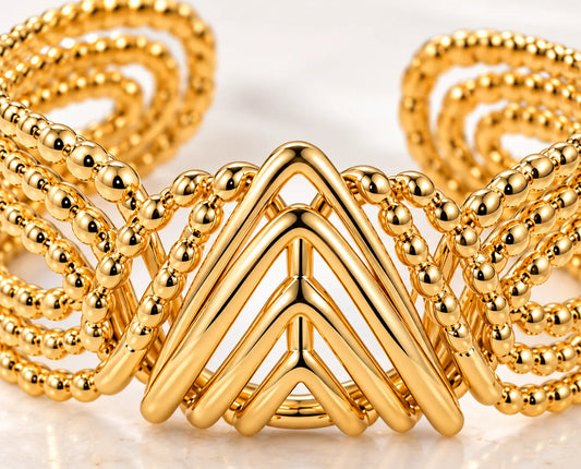 Saadhya Artis Gold-Tone Chevron Beaded Cuff Bracelet for Women – 6 cm Diameter