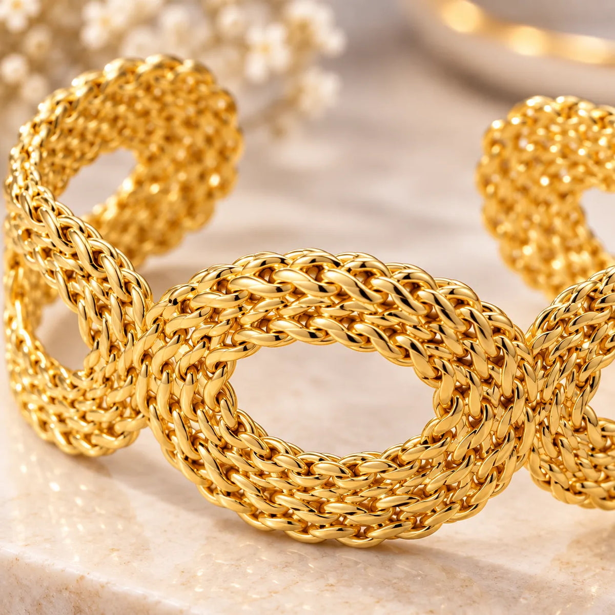 Saadhya Artis Gold-Tone Woven Chain-Link Cuff Bracelet for Women – 6 cm Diameter