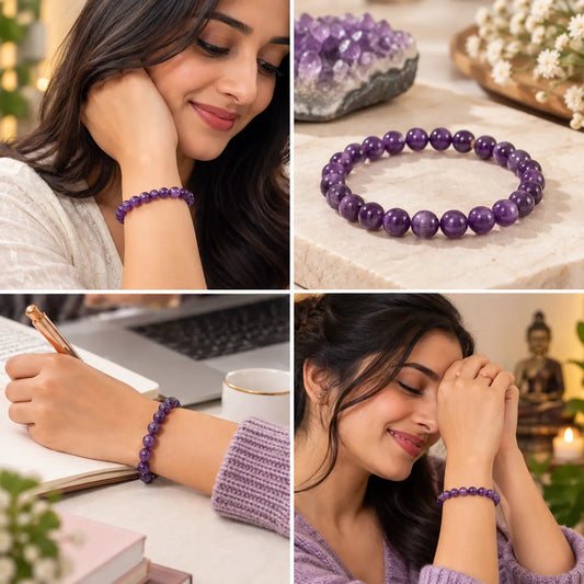 Saadhya Artis Natural Amethyst Bead Bracelet for Women & Girls – Purple Crystal Stone Bracelet