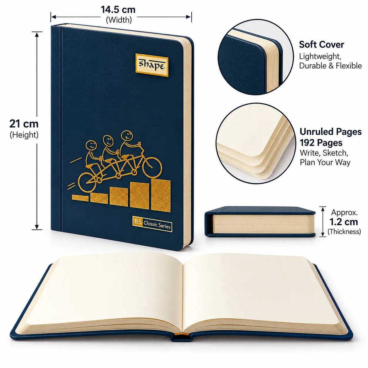 Shape B5 Classic Series – Golden Bicycle Together Unruled Notebook, 192 Pages