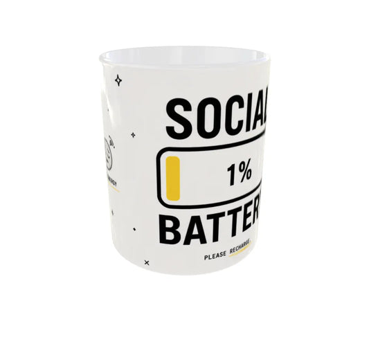 Front view of Social Battery 1% ceramic coffee mug featuring bold battery icon and funny introvert quote.