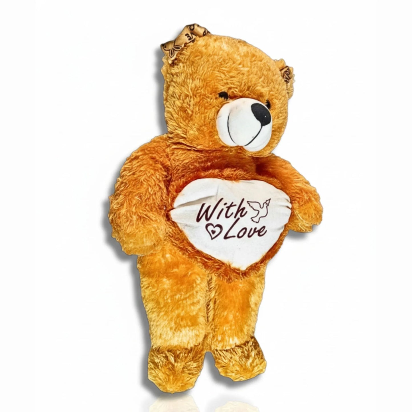 Plush teddy bear with a heart-shaped tag reading 'With Love' on a white background