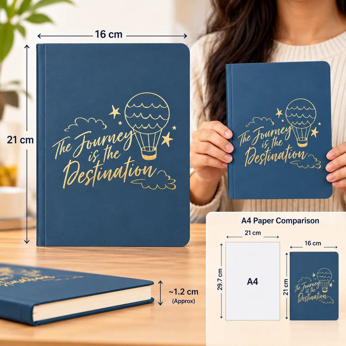 A navy blue hardcover journal with gold foil lettering reading 'The Journey is the Destination' and a hot air balloon illustration, shown in a lifestyle setting with a woman holding a smaller copy. The image includes dimension callouts (16 cm, 21 cm, ~1.