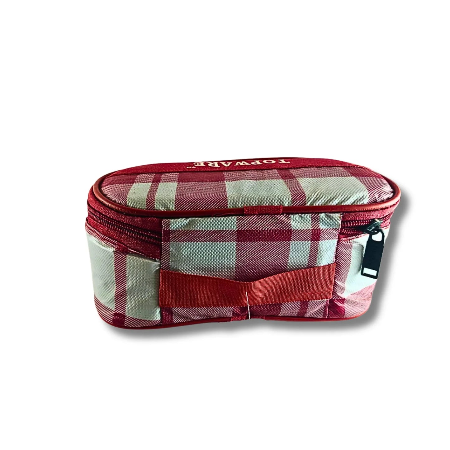 Red and white checkered bag with a zipper on a white background