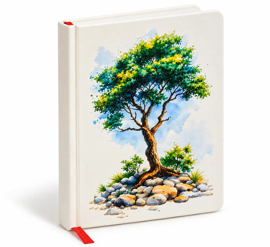 A soft cover notebook with a white cover featuring a colorful watercolor-style illustration of a tree with green and yellow foliage, set against a clean white background.