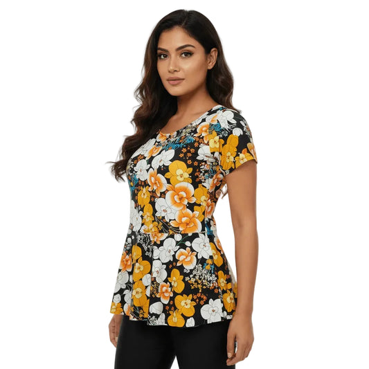Woman wearing a floral top with a white background