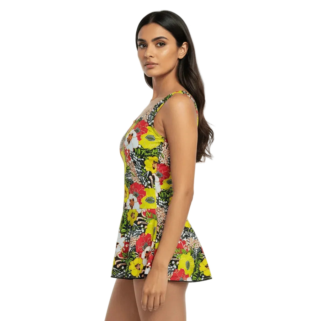 Woman wearing a colorful floral dress on a white background