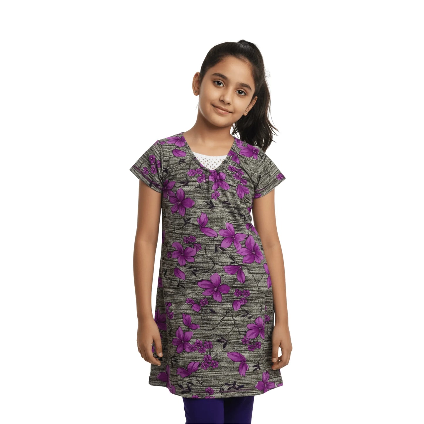 Girl wearing a floral dress with a white background