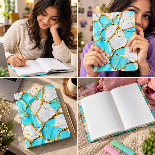 A four-panel collage showing a marble-patterned notebook in use and styled on a desk. The notebook cover features a bright turquoise blue and white cracked stone design with metallic gold veining.