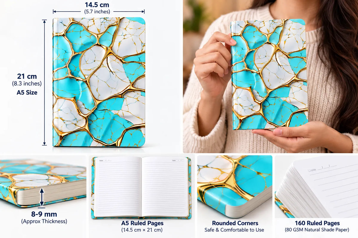 A notebook with a turquoise, white, and gold marble pattern shown in multiple views, including a person holding it. The image includes dimension labels indicating the notebook is 14.