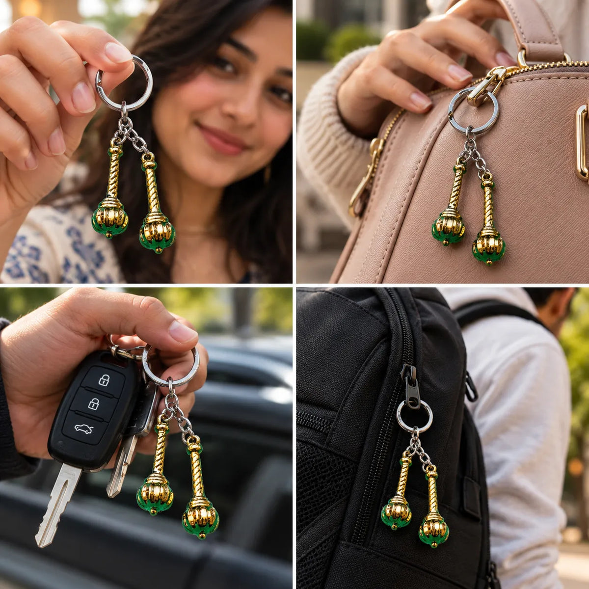 Twin Ornamental Charm Keychain | Traditional Design Metal Keyring