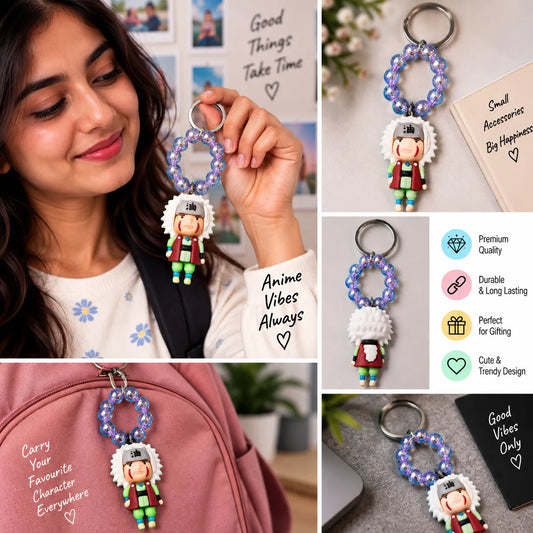 White-Haired Anime Ninja Character Keychain with Purple Beaded Loop