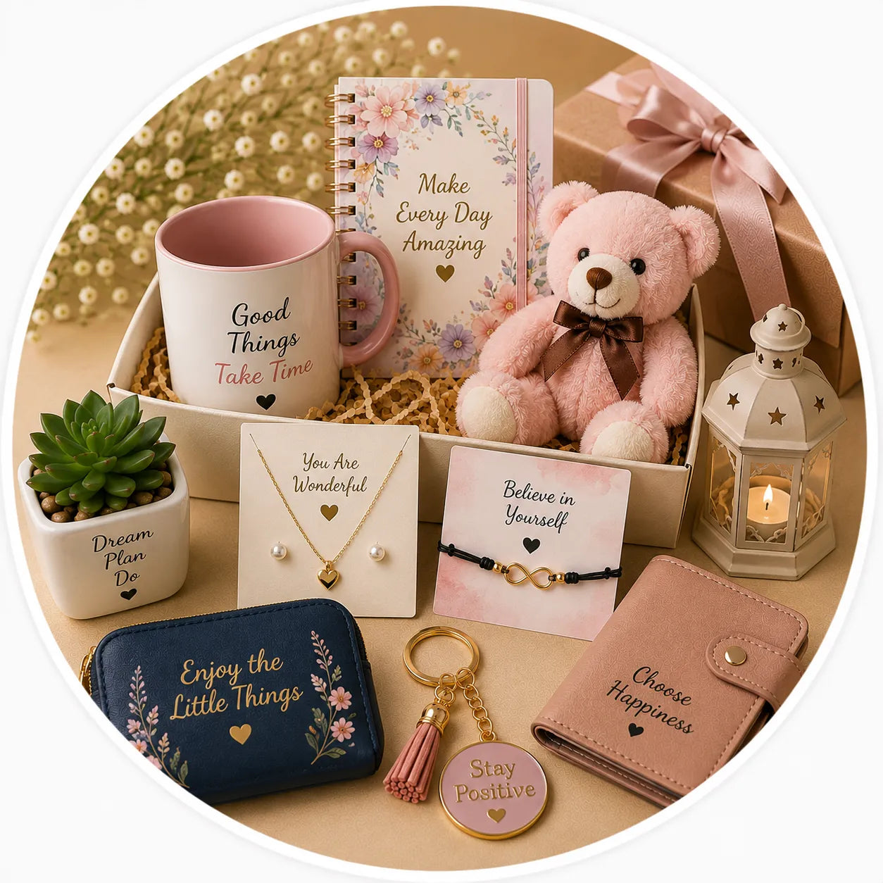 A curated gift set arranged in a circular box on a warm beige surface. 