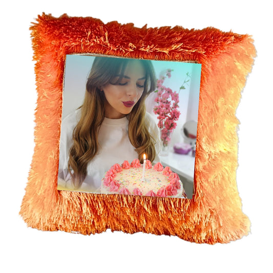 Personalized Happy Birthday Heart Photo Cushion (16x16) - Custom Red Fur Pillow Gift