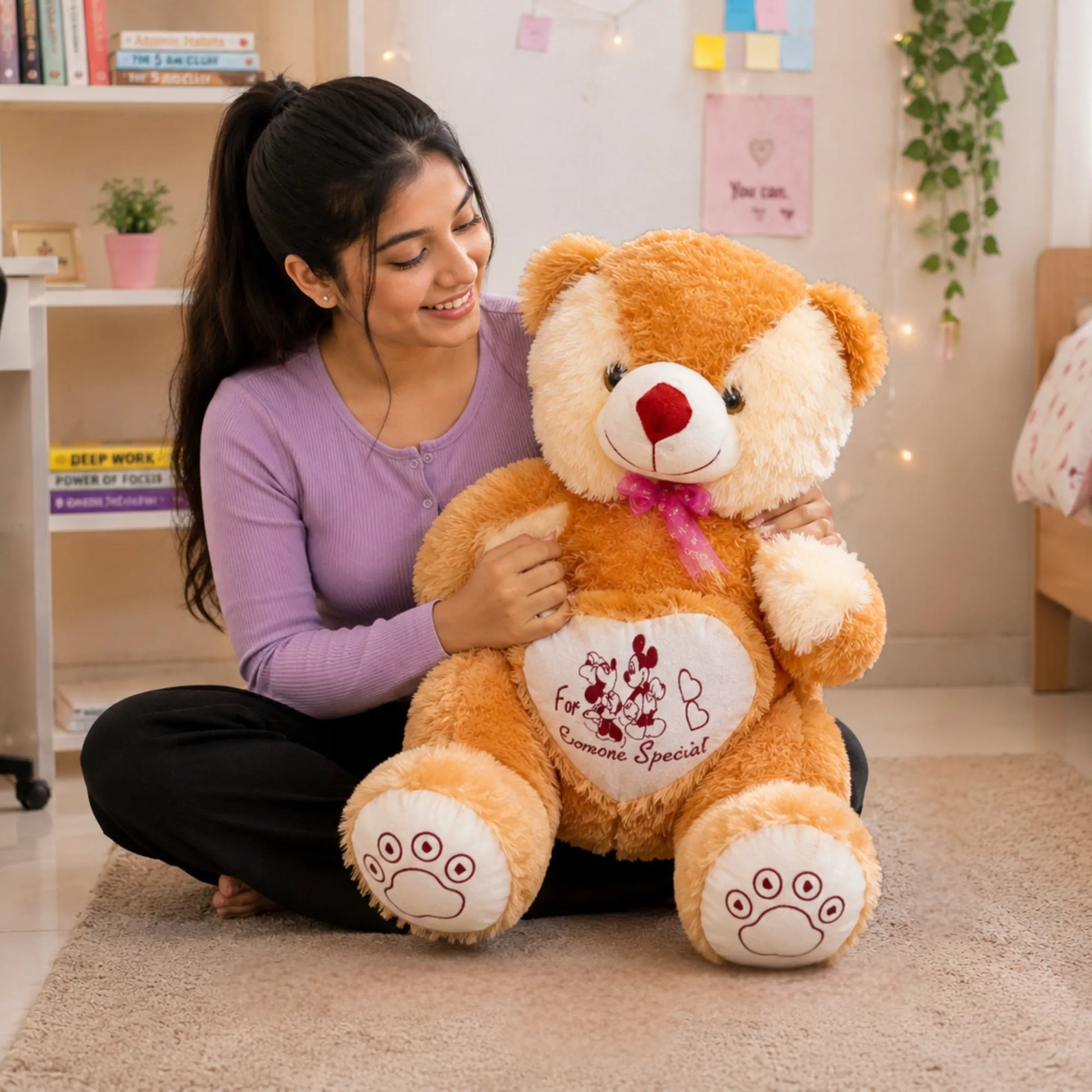 Girl holding a large teddy bear in a room with a bookshelf and decorative items.