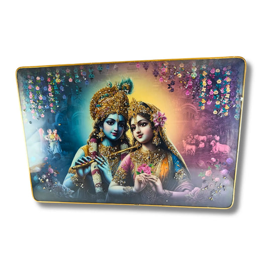 Premium Radha Krishna Vrindavan Love 3D Wall Art - Large Spiritual Scenery with Crystal & Glitter Work (45x30 cm)