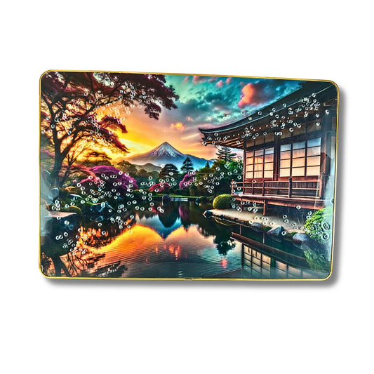 Premium Japanese Zen House Wall Art – 3D Crystal & Glitter Work Scenery with Golden Frame (45x30 cm, Sunset Mountain View)