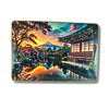 Premium Japanese Zen House Wall Art – 3D Crystal & Glitter Work Scenery with Golden Frame (45x30 cm, Sunset Mountain View)