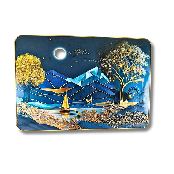 Premium Midnight Mountain Lake 3D Wall Art – Modern Abstract Night Scenery with Crystal & Glitter Work (45x30 cm)