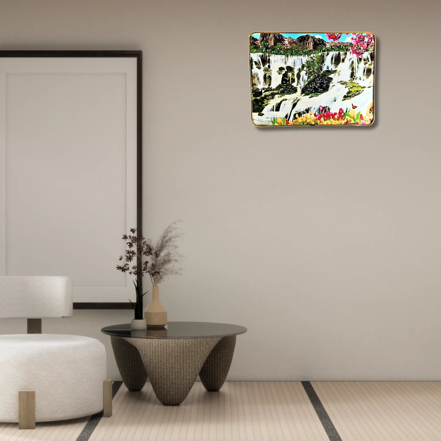 Saadhya Mart Spiritual Nature Series – 3D Textured Meditating Buddha & Waterfall Landscape with Luxury Golden Frame.