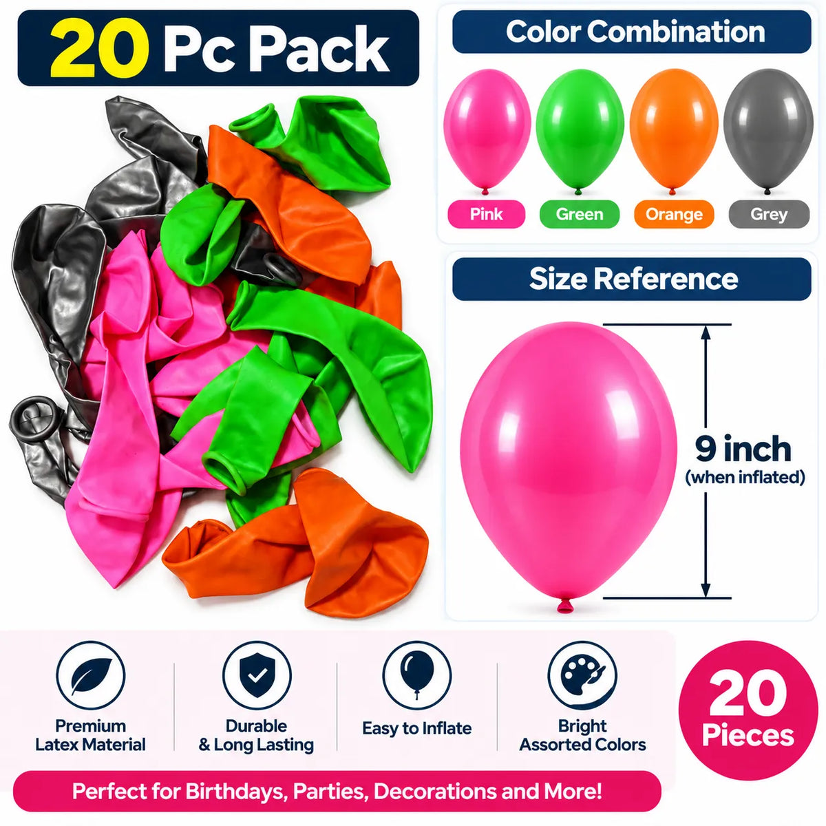 20 Pc Assorted Latex Balloons – 9 Inch Pink, Green, Orange & Grey | Saadhya Decor