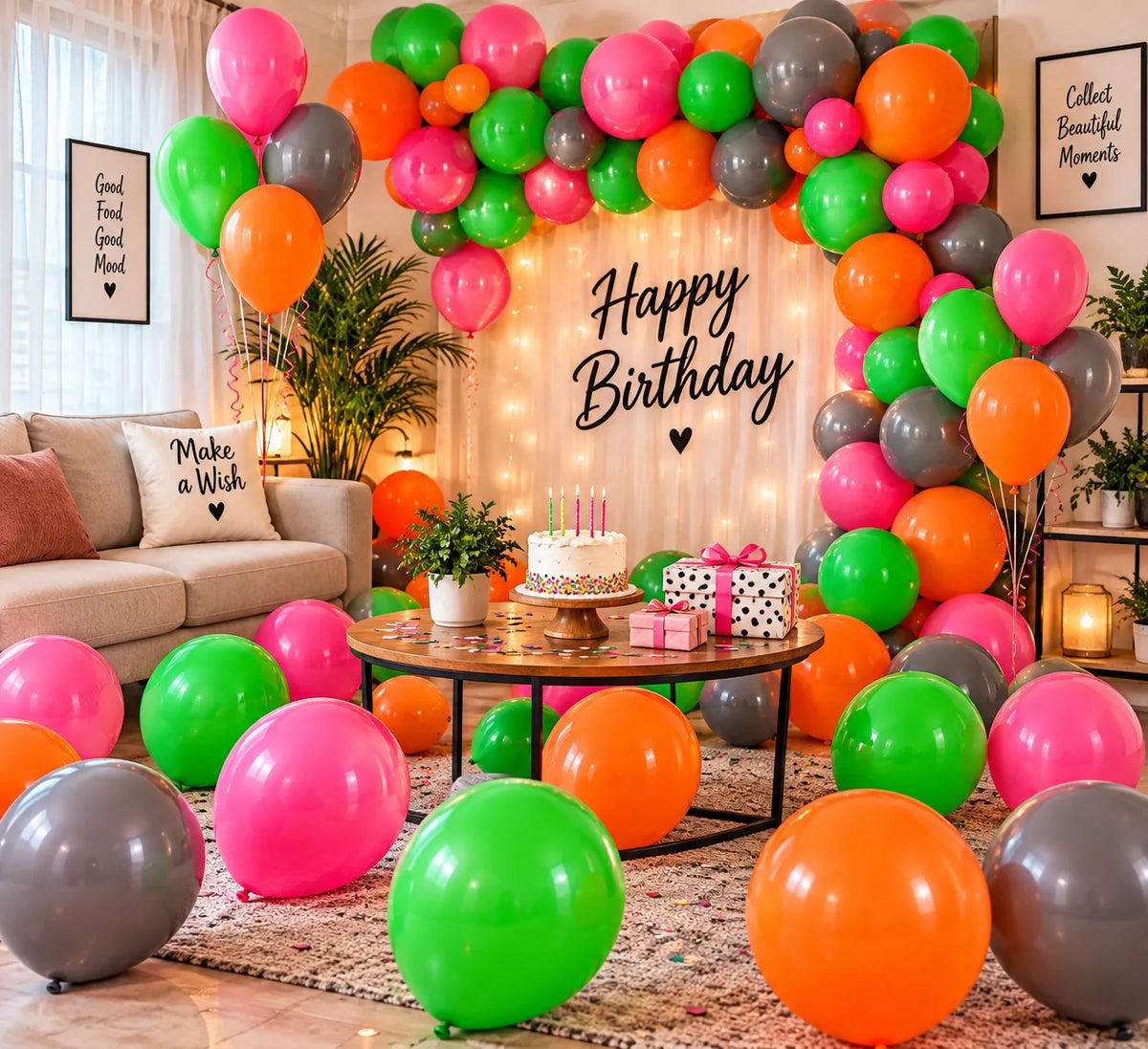 20 Pc Assorted Latex Balloons – 9 Inch Pink, Green, Orange & Grey | Saadhya Decor