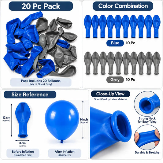 Saadhya Decor 20 Pc Blue & Grey Latex Balloons – 9 Inch | Birthday & Party Decoration