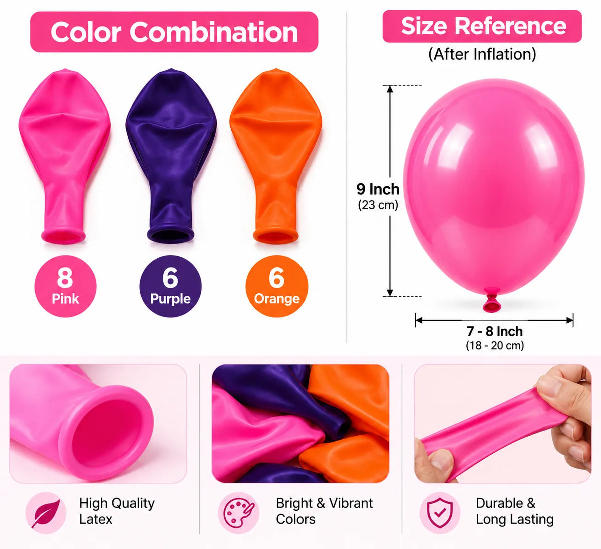 20 Pc Pink Purple & Orange Latex Balloons – 9 Inch Birthday Party Decoration Balloons
