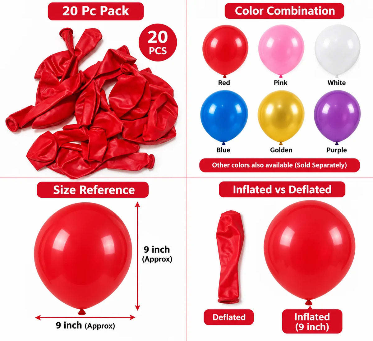 20 Pc Red Latex Balloons 9 Inch for Birthday & Party Decoration