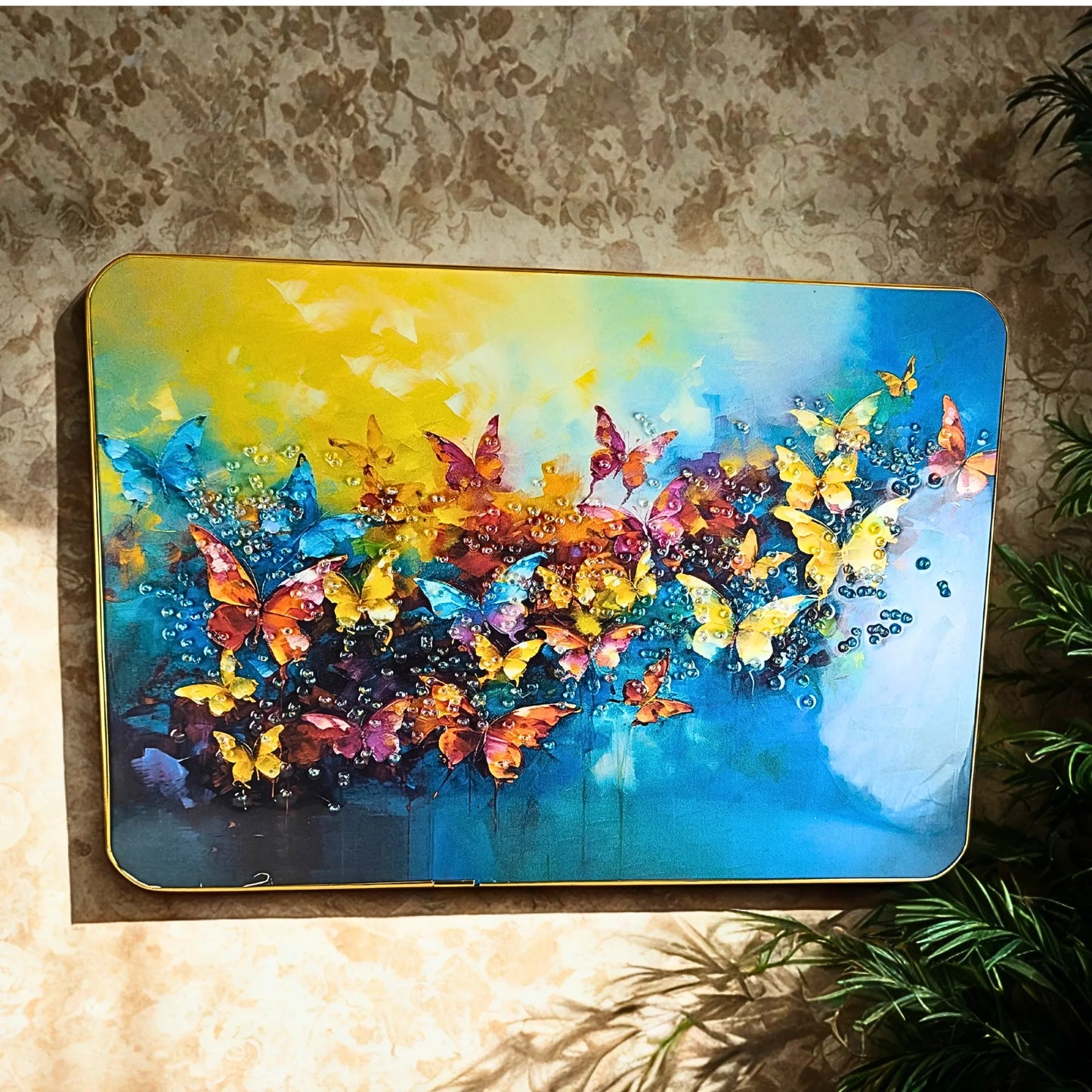 Large Abstract Multi-Color Butterfly Wall Art - Premium 3D Crystal & Glitter Work Scenery with Golden Frame (45x30 cm)