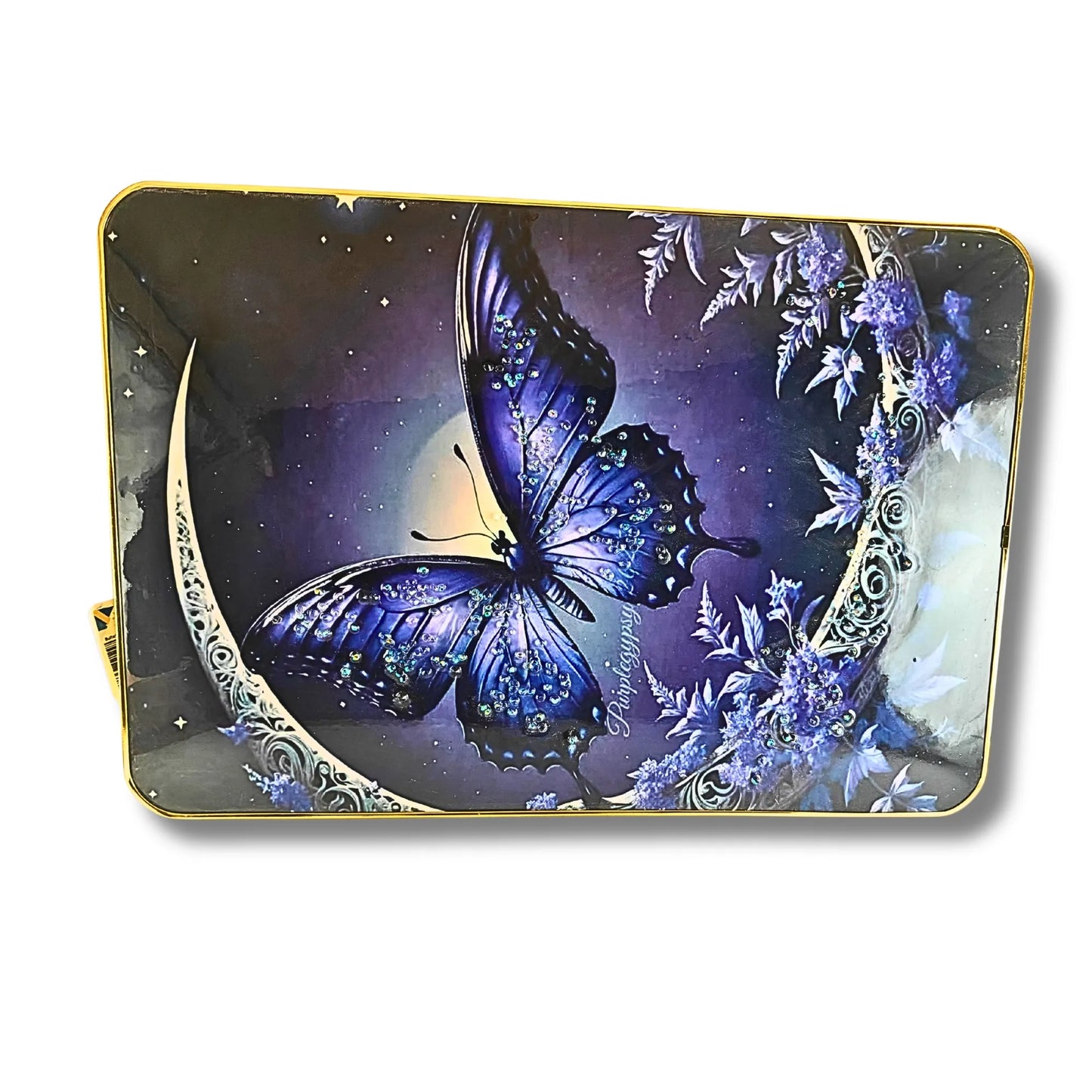 Large Magical Purple Butterfly Wall Art - 3D Crystal & Glitter Work Scenery with Golden Frame (45x30 cm, Midnight Blue & Purple)