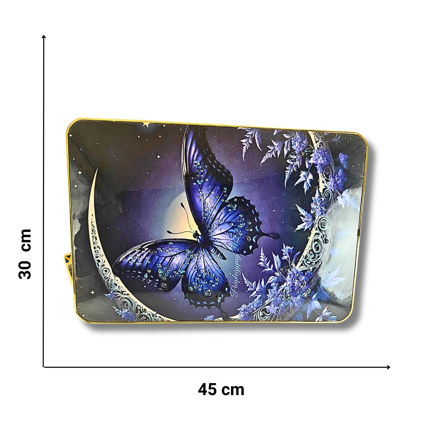 Large Magical Purple Butterfly Wall Art - 3D Crystal & Glitter Work Scenery with Golden Frame (45x30 cm, Midnight Blue & Purple)