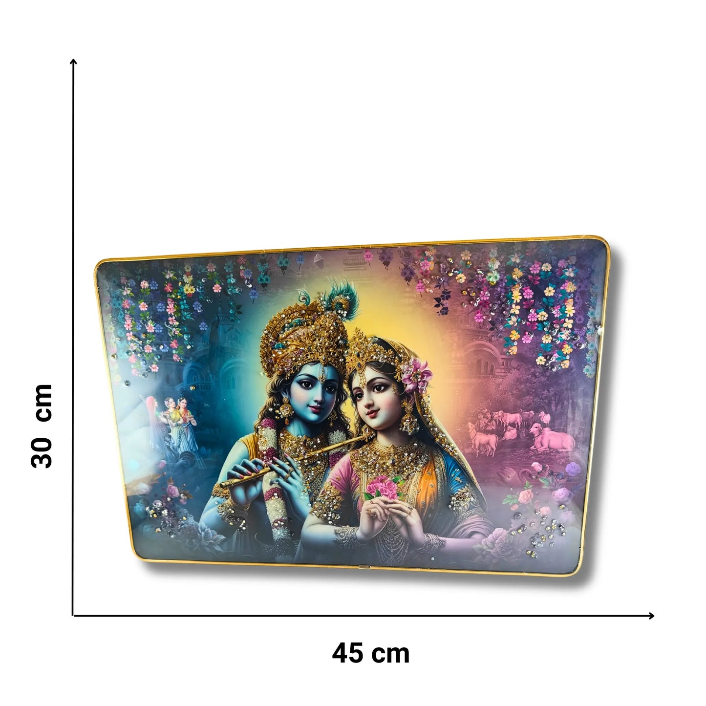 Premium Radha Krishna Vrindavan Love 3D Wall Art - Large Spiritual Scenery with Crystal & Glitter Work (45x30 cm)