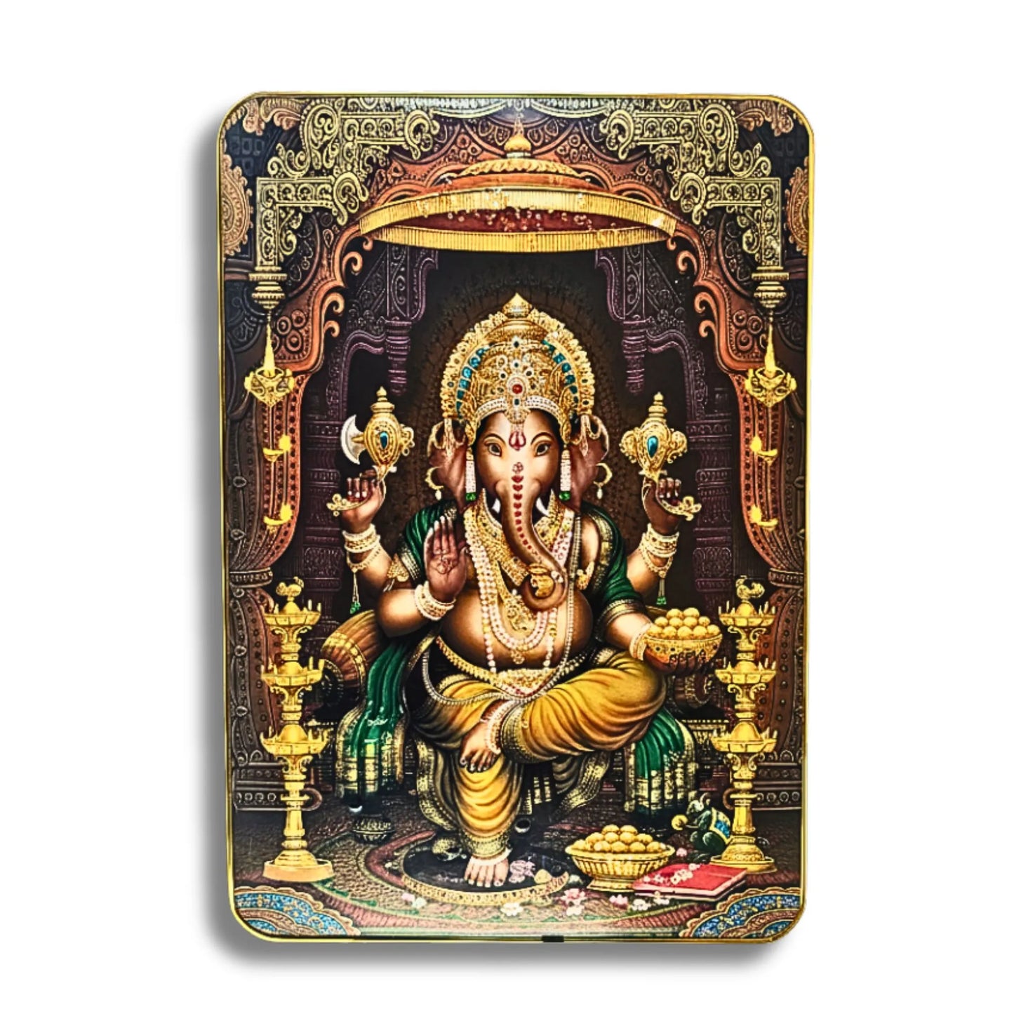 Decorative card with a colorful depiction of a deity in an ornate frame.