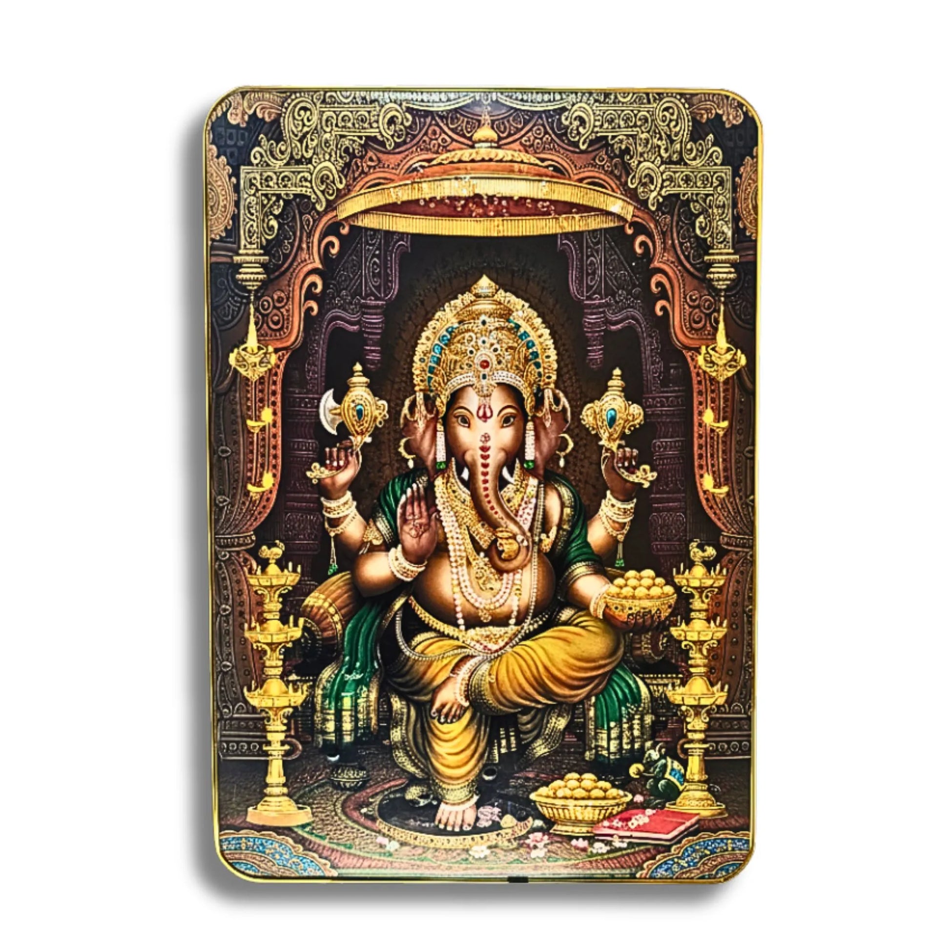 Decorative card with a colorful depiction of a deity in an ornate frame.