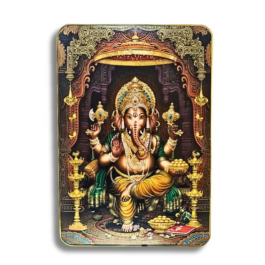 Decorative card with a colorful depiction of a deity in an ornate frame.