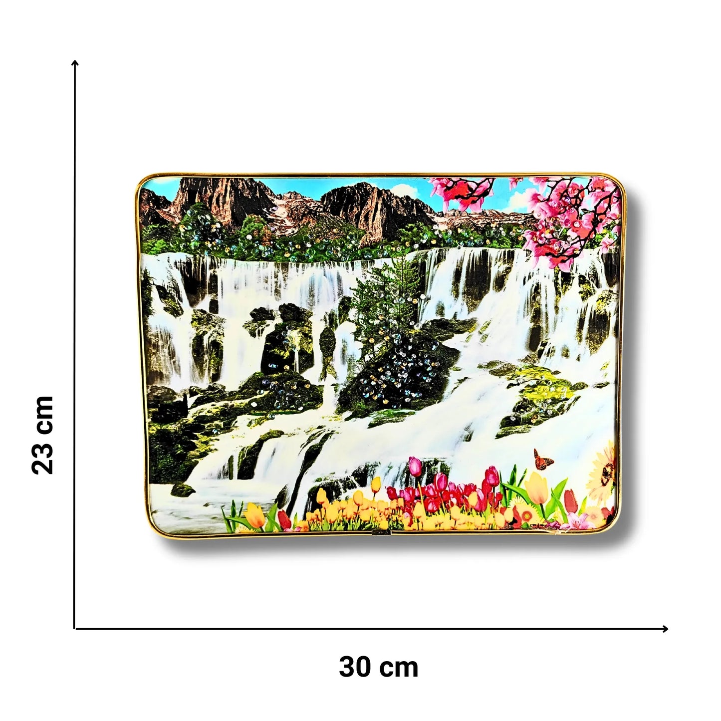 Saadhya Mart Spiritual Nature Series – 3D Textured Meditating Buddha & Waterfall Landscape with Luxury Golden Frame.
