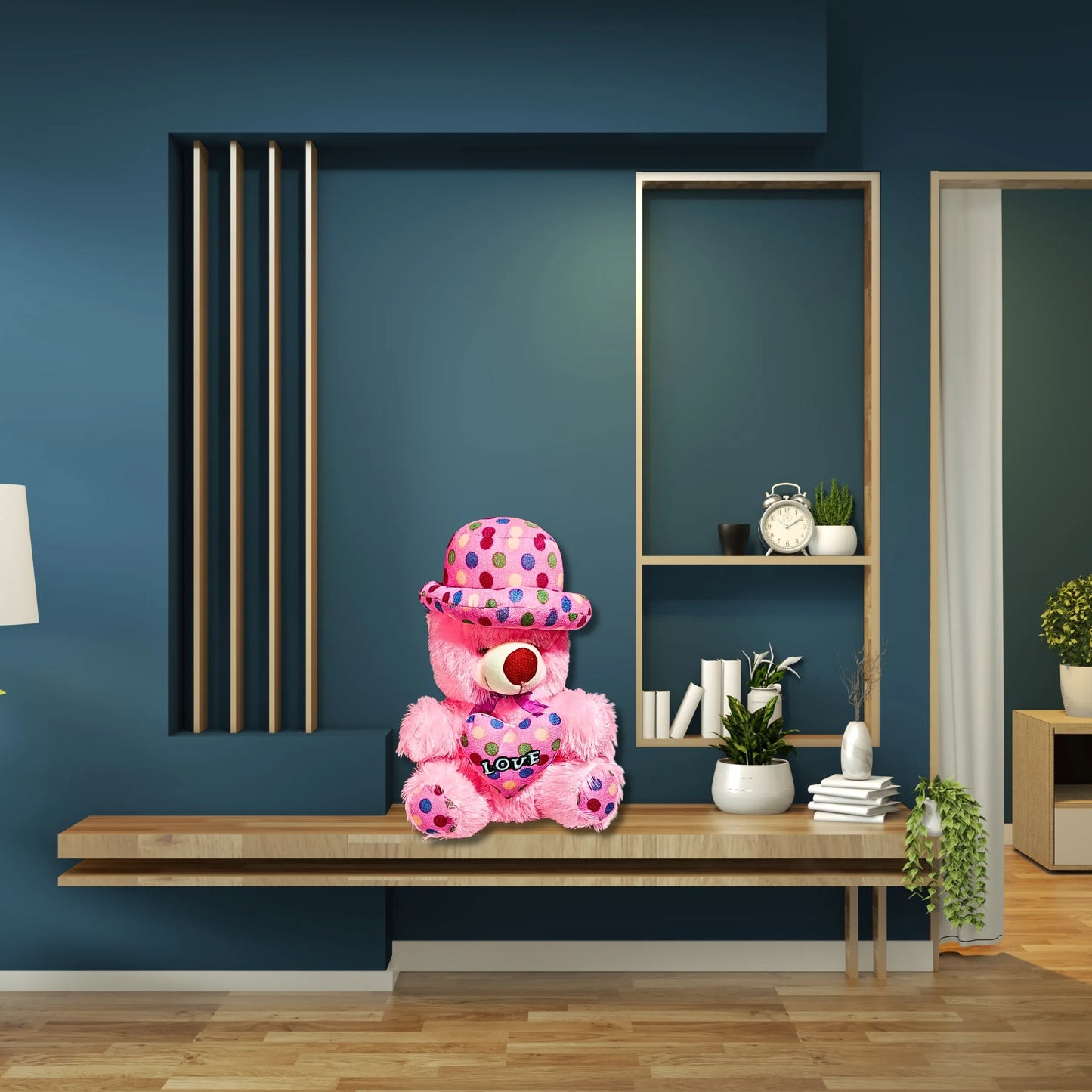 Pink Teddy Bear with Polka Dot Hat & Love Heart Cushion | Cute Soft Plush Teddy Bear Toy for Kids, Girls & Gift Giving