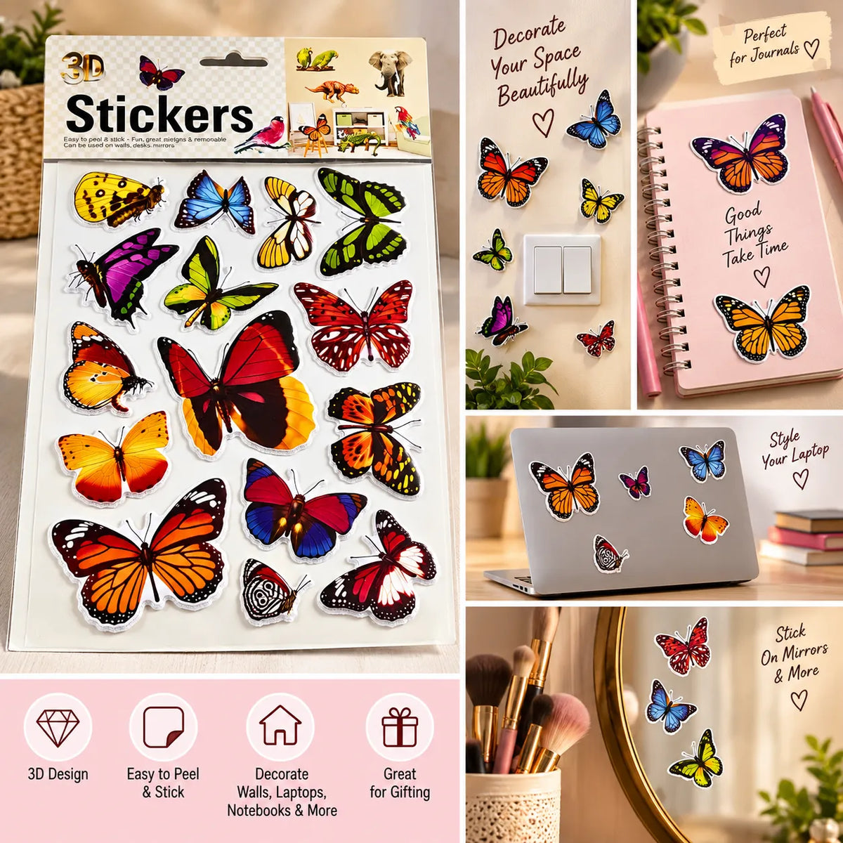 3D Butterfly Stickers for Wall, Mirror & Desk | Colourful Decorative Stickers