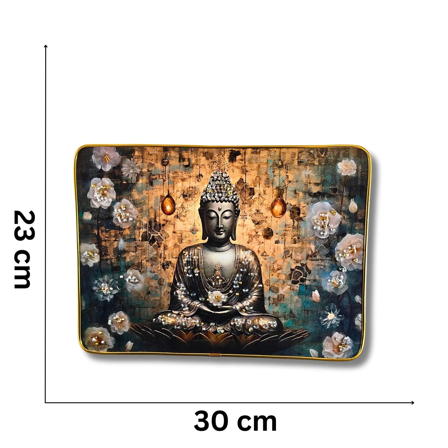 Decorative mat with Buddha design and floral elements, shown with measurements.