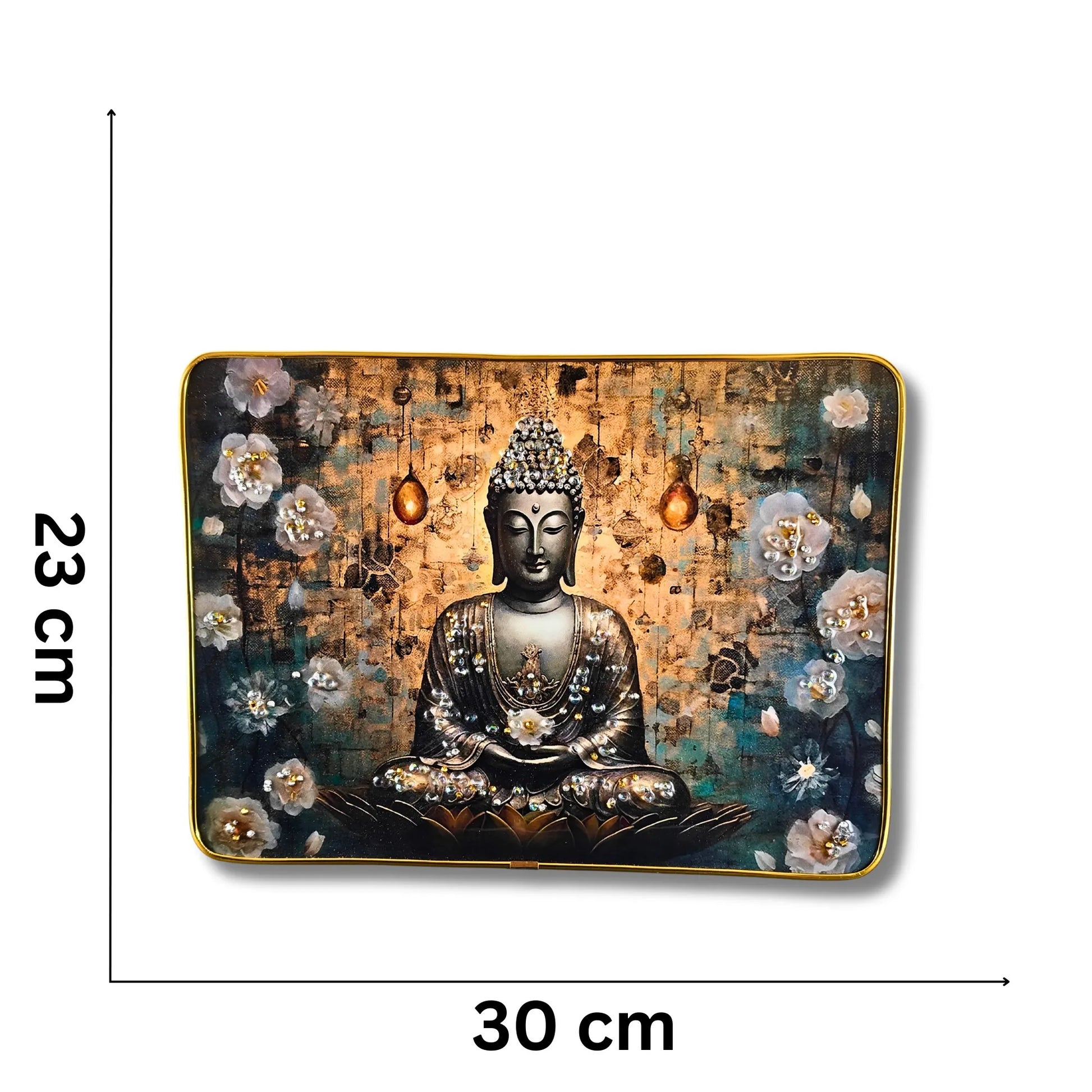 Decorative mat with Buddha design and floral elements, shown with measurements.