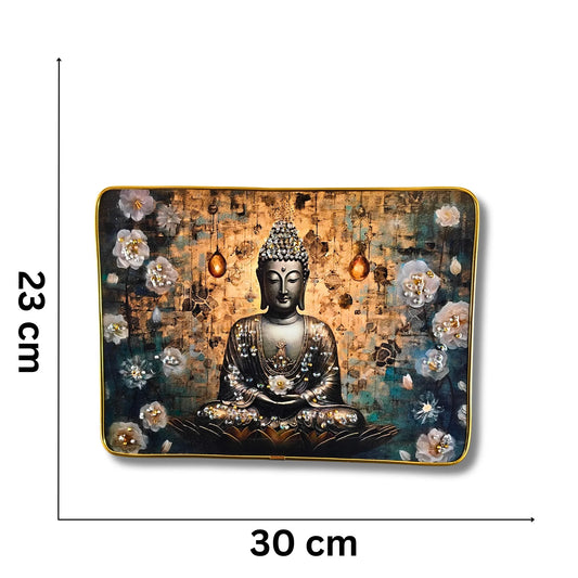 Decorative mat with Buddha design and floral elements, shown with measurements.