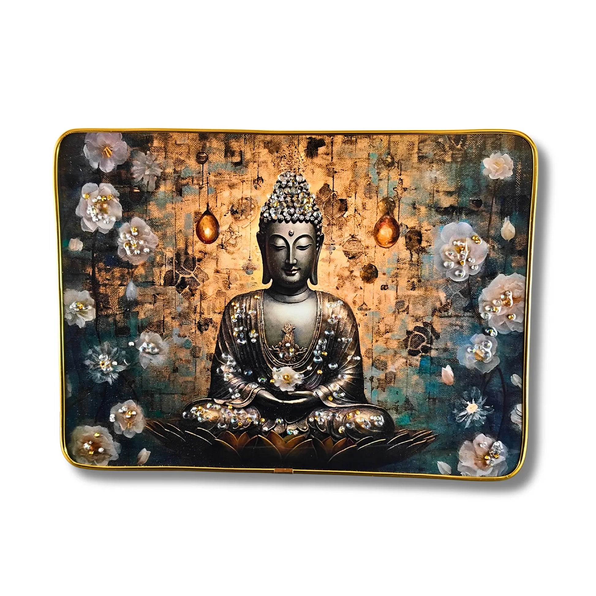 Decorative mat with a Buddha statue and floral design on a textured background