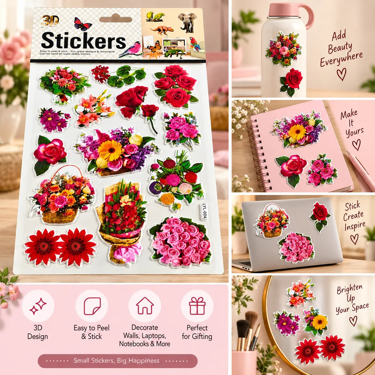 3D Flower Stickers | Rose & Bouquet Decorative Stickers