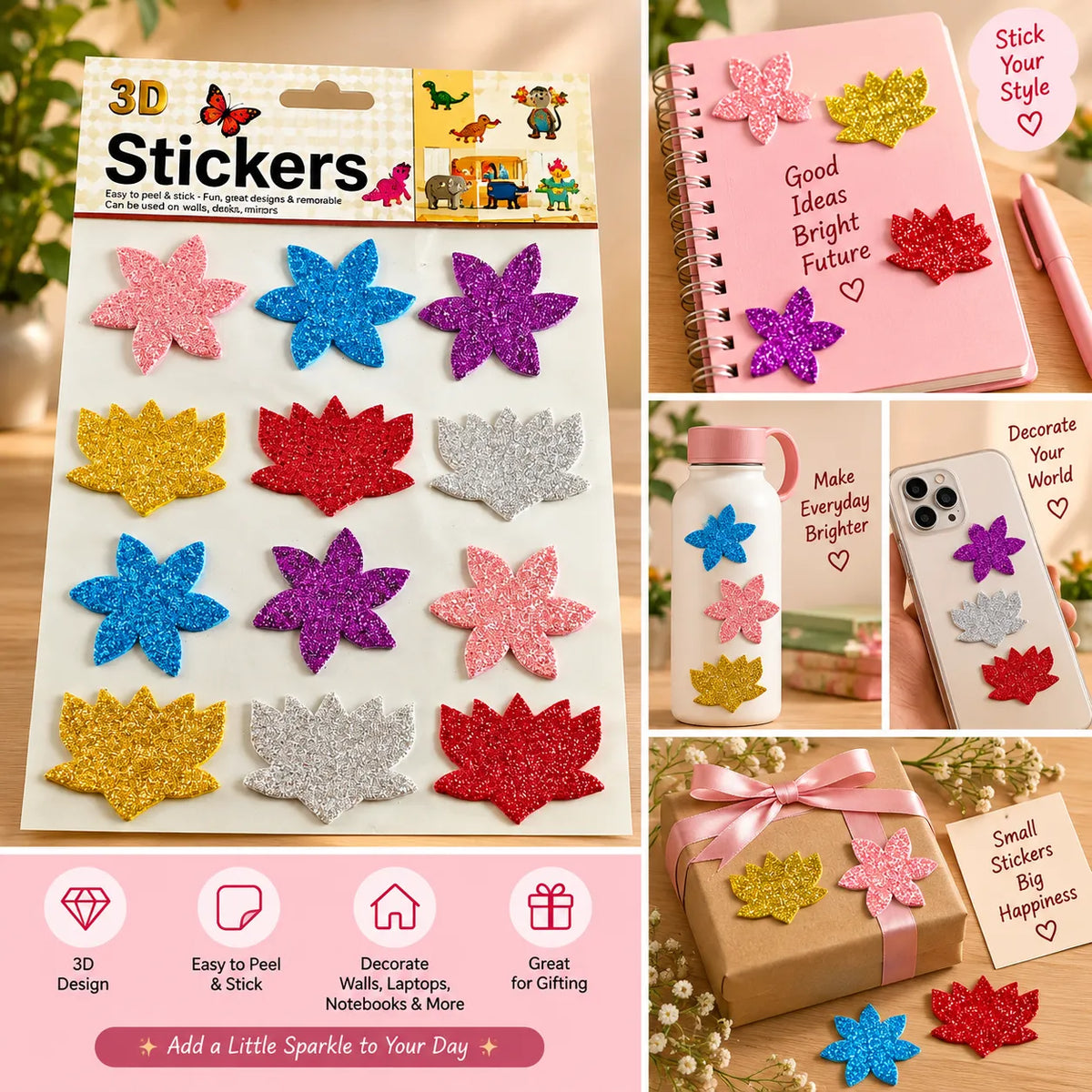 3D Glitter Flower Stickers  Colourful Flower Stickers for Crafts