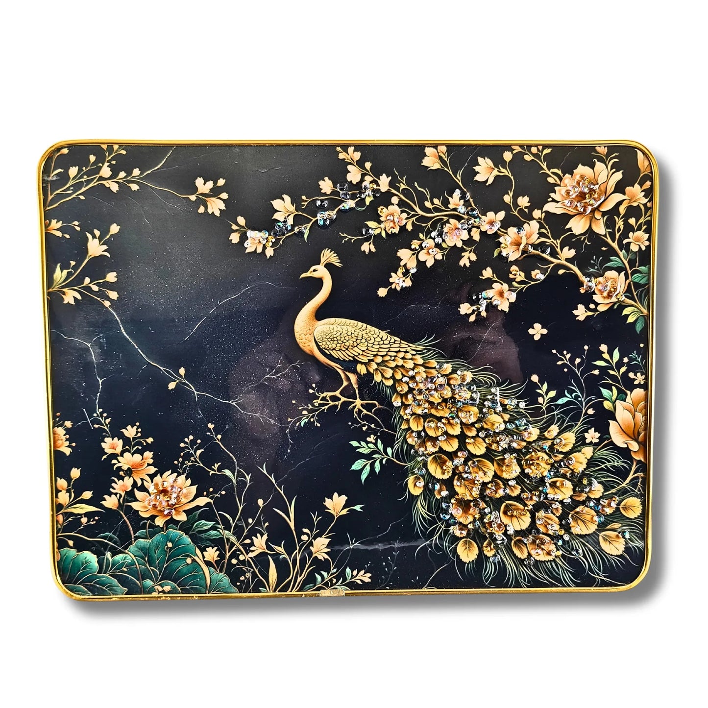 Peacock and Floral 3D Art Plaques | serene golden peacock