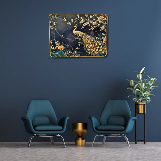 Peacock and Floral 3D Art Plaques | serene golden peacock