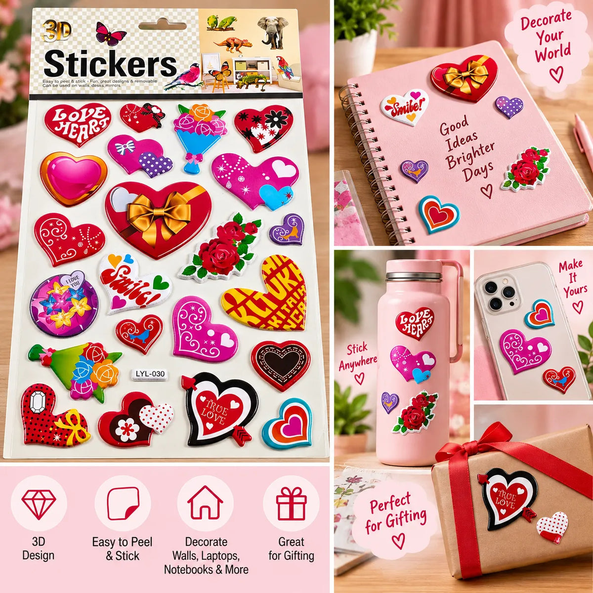 3D Love & Heart Stickers  Colourful Romantic Decorative Stickers
