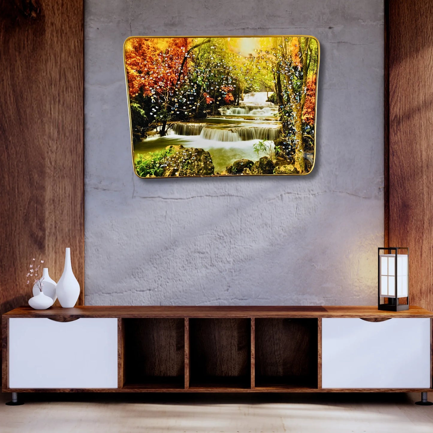 3D Nature Waterfall Wall Art Set (2 Panels) – Luxury Crystal Stone Wall Decor for Living Room, Bedroom & Office